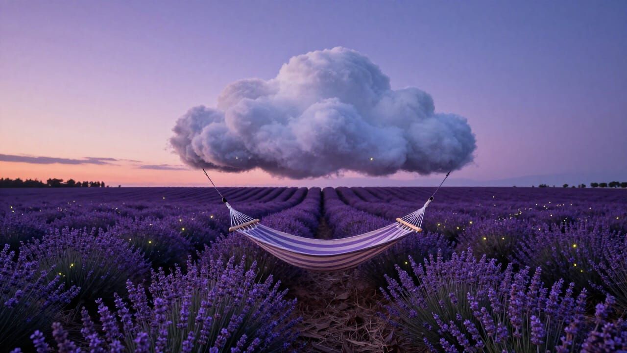Cloud Hammock Over Lavender Fields at Twilight with Fireflie...