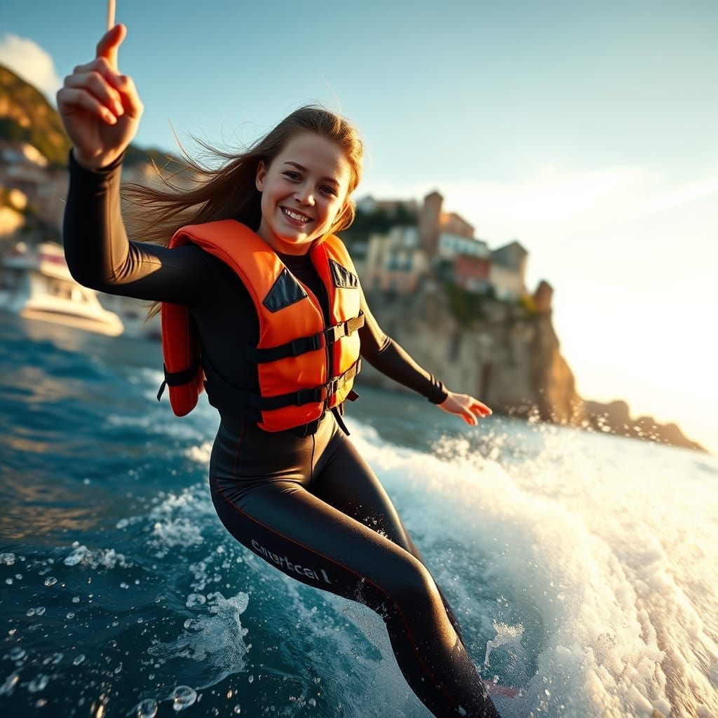 Girl Surfing and Sailing in Front of Portofino