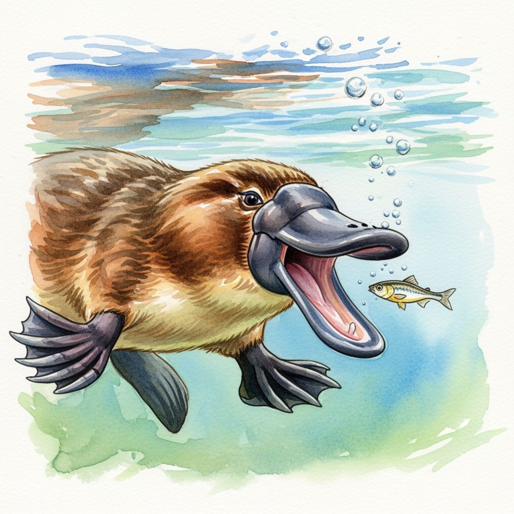 Dynamic Underwater Platypus Hunt in Watercolor Style