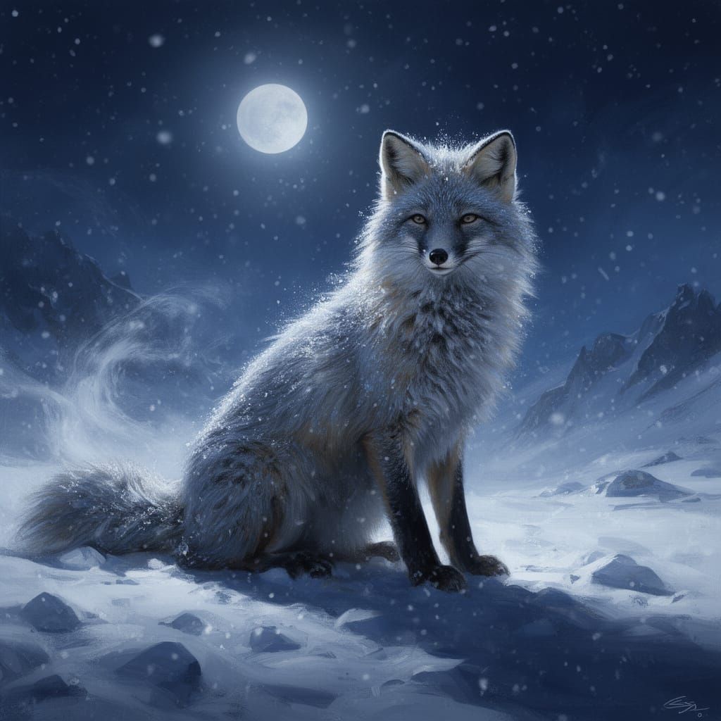 Majestic Snow Fox in Midnight Blizzard