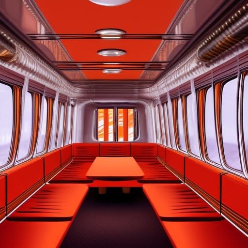 Futuristic Art Deco Train Car Interior in Red and Orange