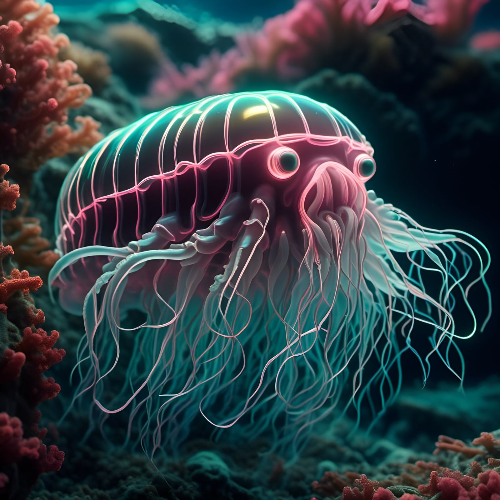 Bioluminescent Tardigrade in Iridescent Underwater Scene