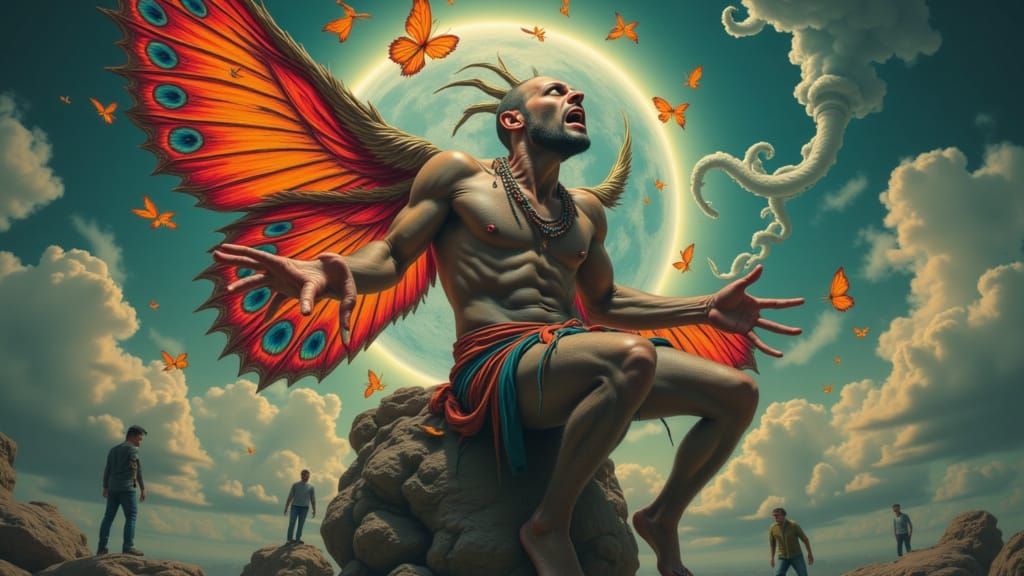 Psychedelic Peacock Man in Fiery Sky