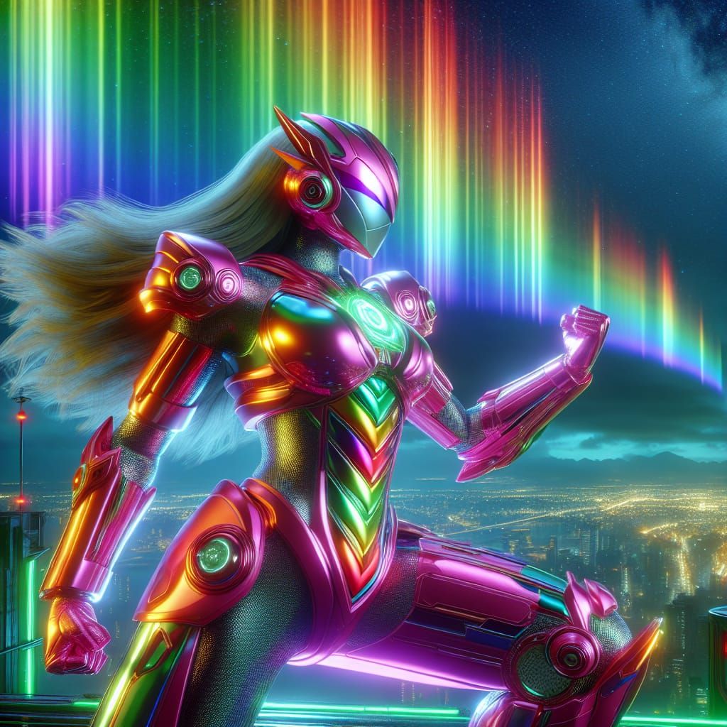 Neon Rainbow Armored Heroine in Retropunk Cityscape