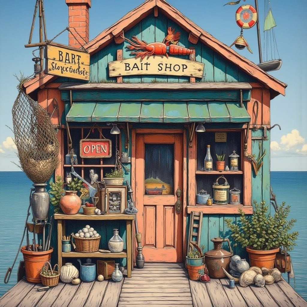 Whimsical Coastal Bait Shop in Folk Art Style
