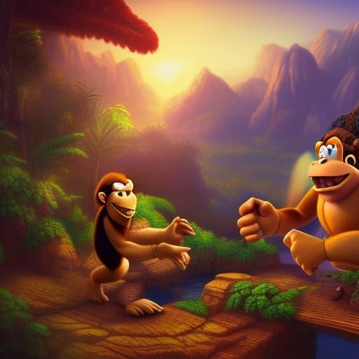 Donkey Kong's Sunset Feast: A Detailed Matte Painting