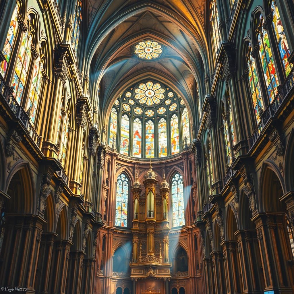 Cathedral Interior Bathed in Sunlight as Classical Painting