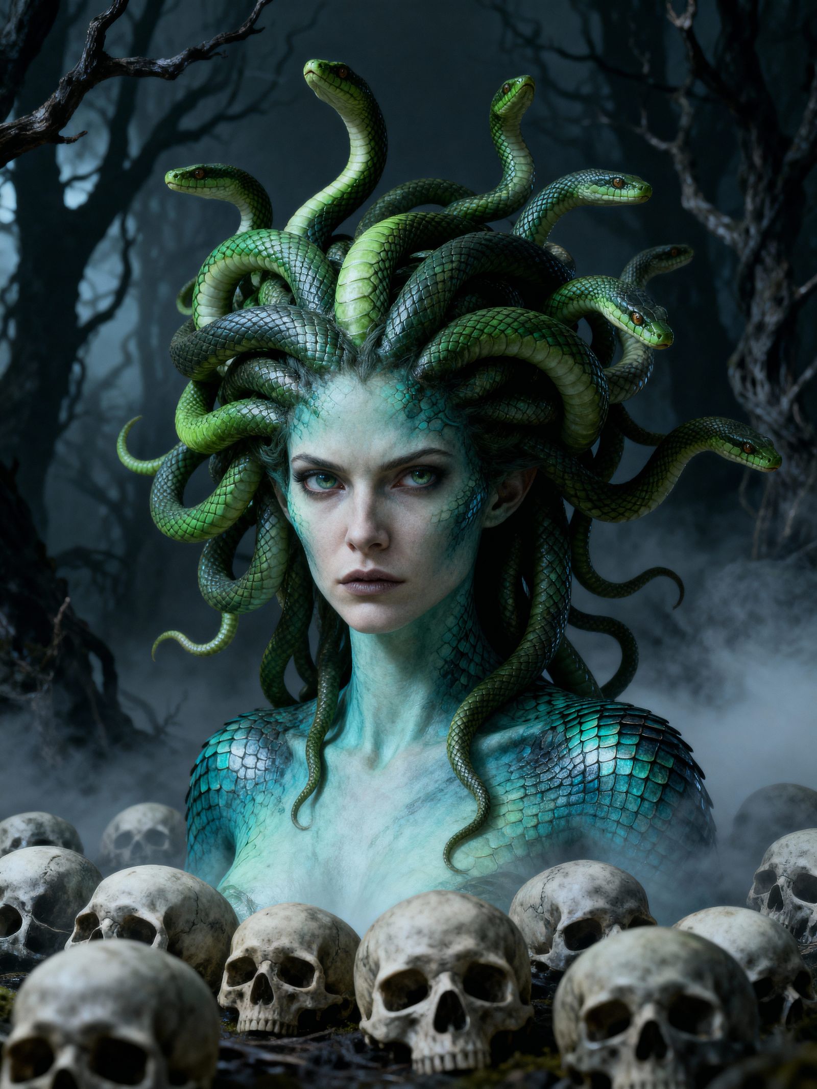Dark Fantasy Medusa with Serpent Hair in Eerie Forest