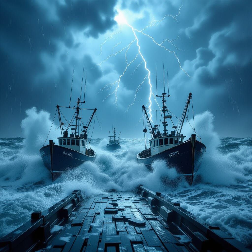 Fishing Boats in Stormy Seas: Hyper-Realistic Digital Art