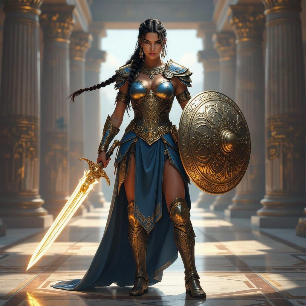 Warrior Woman in Blue and Gold Armor with Glowing Sword