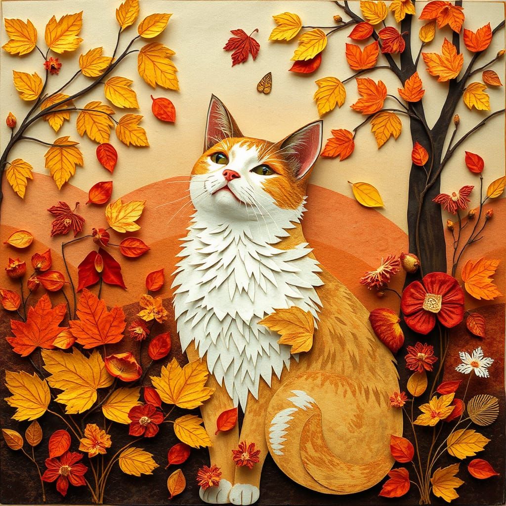 Whimsical Autumn Cat Paper Collage Art