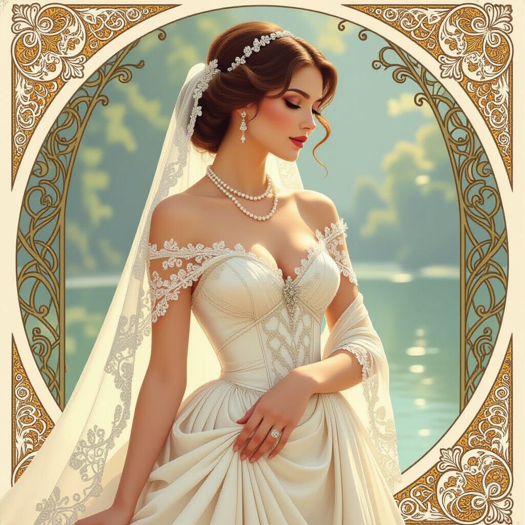 Elegant Bride in Wedding Dress, Art Nouveau Style