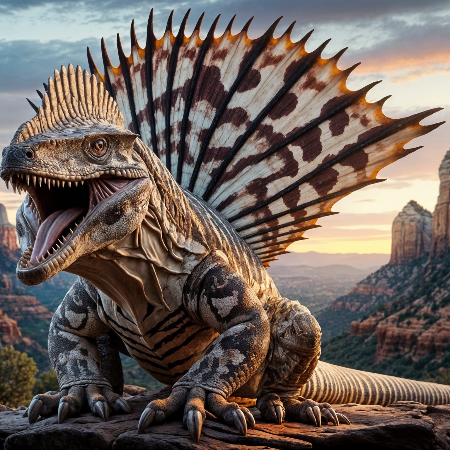 Regal Dimetrodon Overlooking Sedona Canyon at Sunset