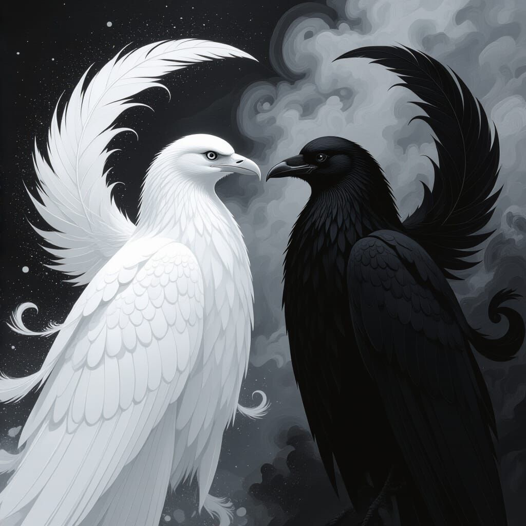 Contrasting Birds in Monochromatic Aura, Matte Painting