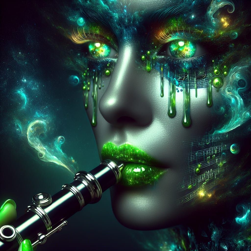 Cyberpunk Siren Plays Melting Clarinet in Dark Surrealistic ...