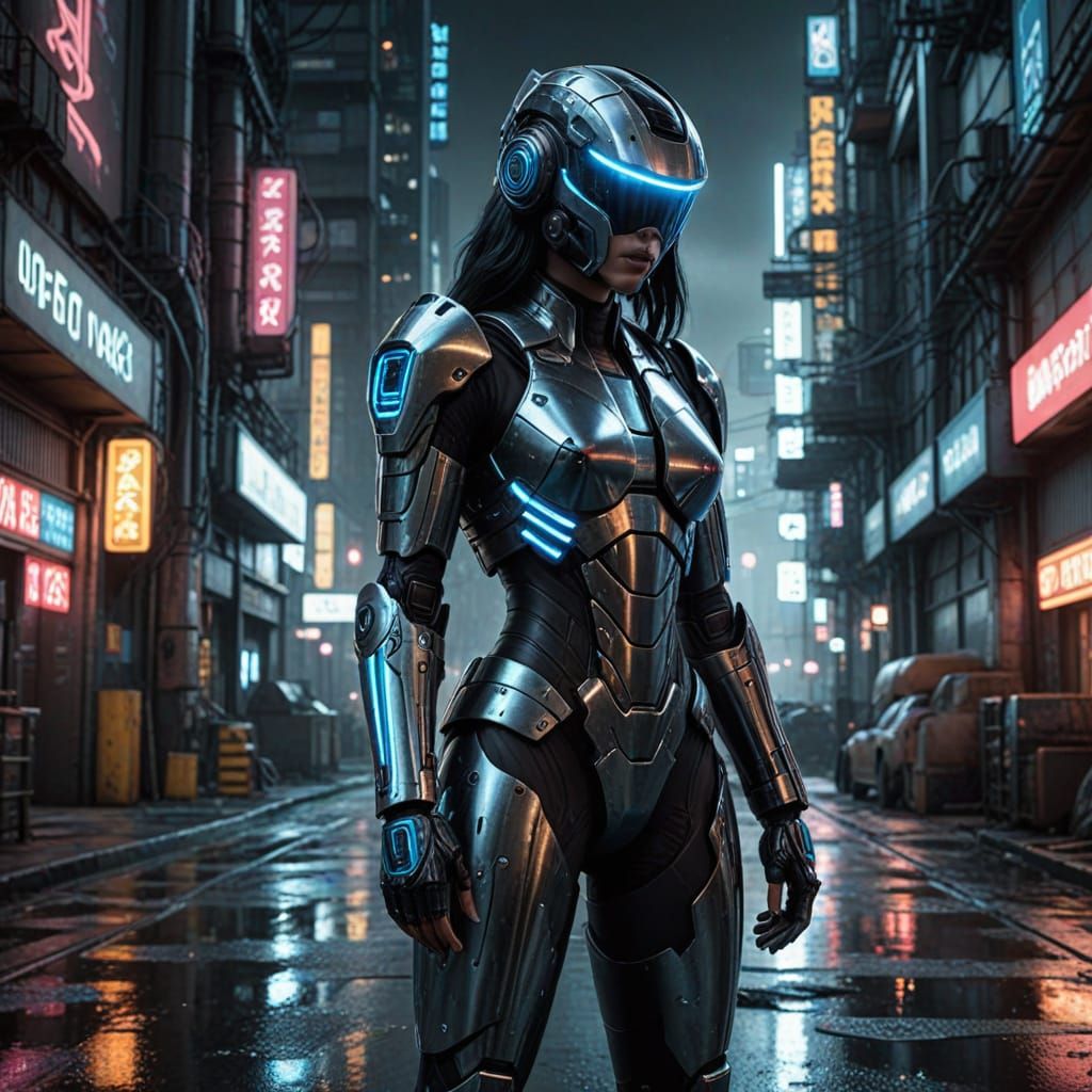 Cyberpunk Android Goddess in Dark Gritty Cityscape