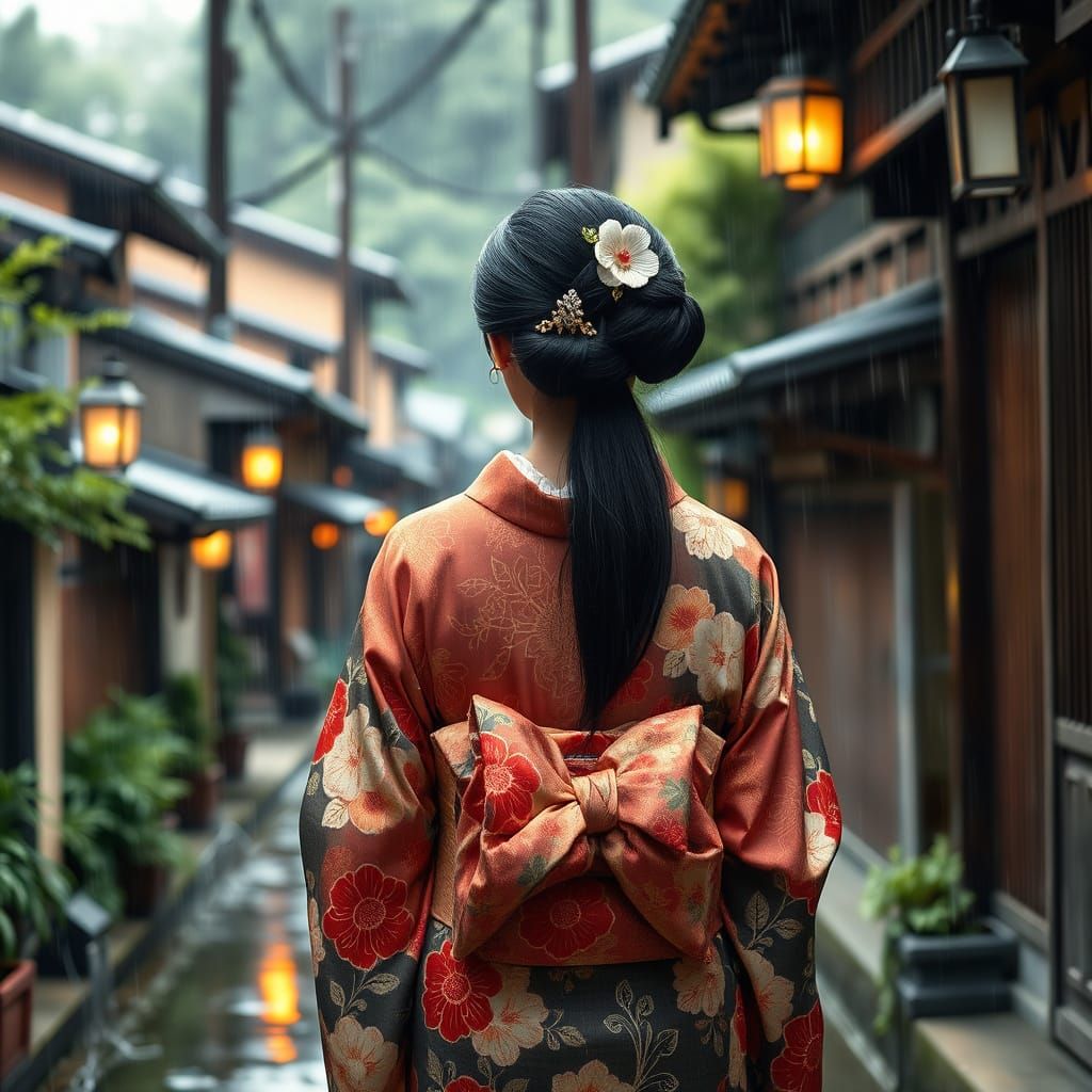 Asian Woman in Traditional Kimono Strolls through Rainy Kyot...