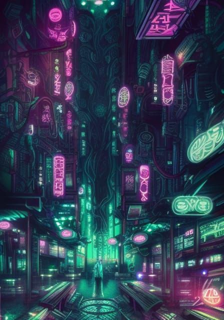 Cthulhu in Cyberpunk Dystopia with Neon Lights