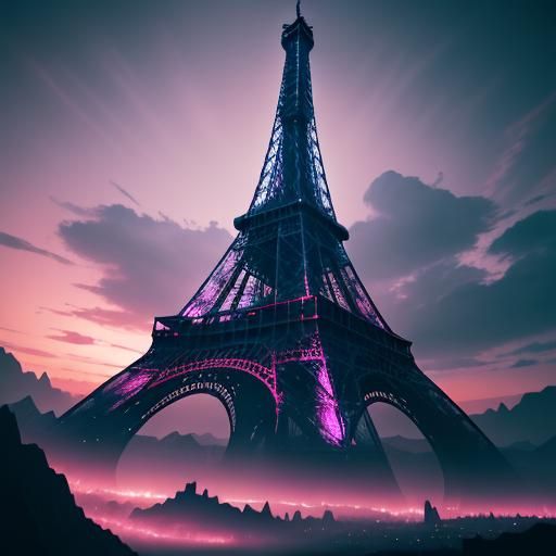Fantastical Eiffel Tower on Mystical Planet at Sunset