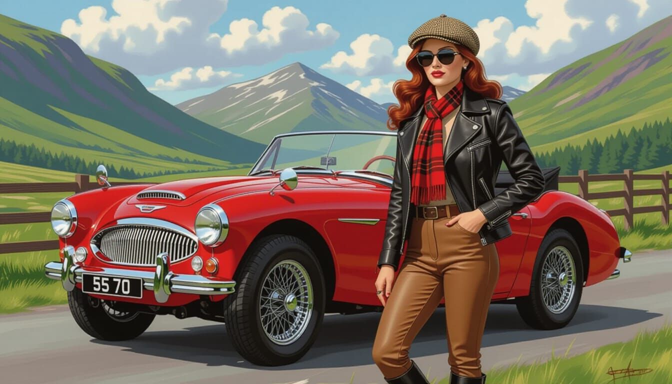 Red-Haired Woman with Austin-Healey, Milo Manara Style