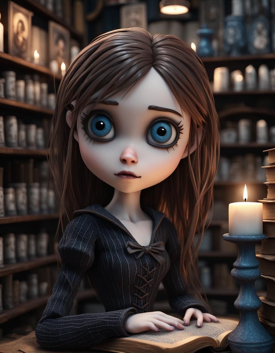 Gothic Bookstore: Anime Chibi Portrait in 3D