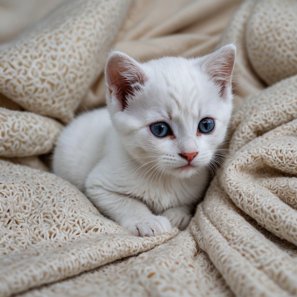 Sleeping White Kitten on Blanket Photo