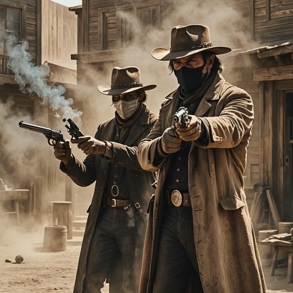 Masked Gunslinger Duel in Cinematic Western Style