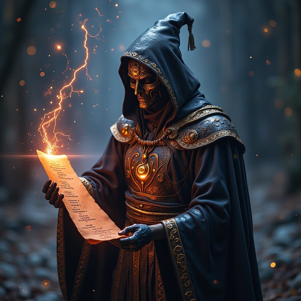 Futuristic AI Wizard Summons Caldera Scroll