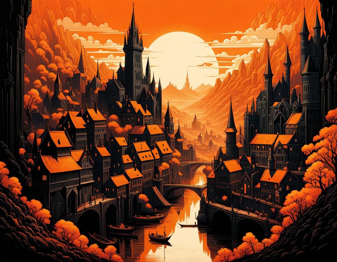 Psychedelic Medieval Cityscape in Orange and Black