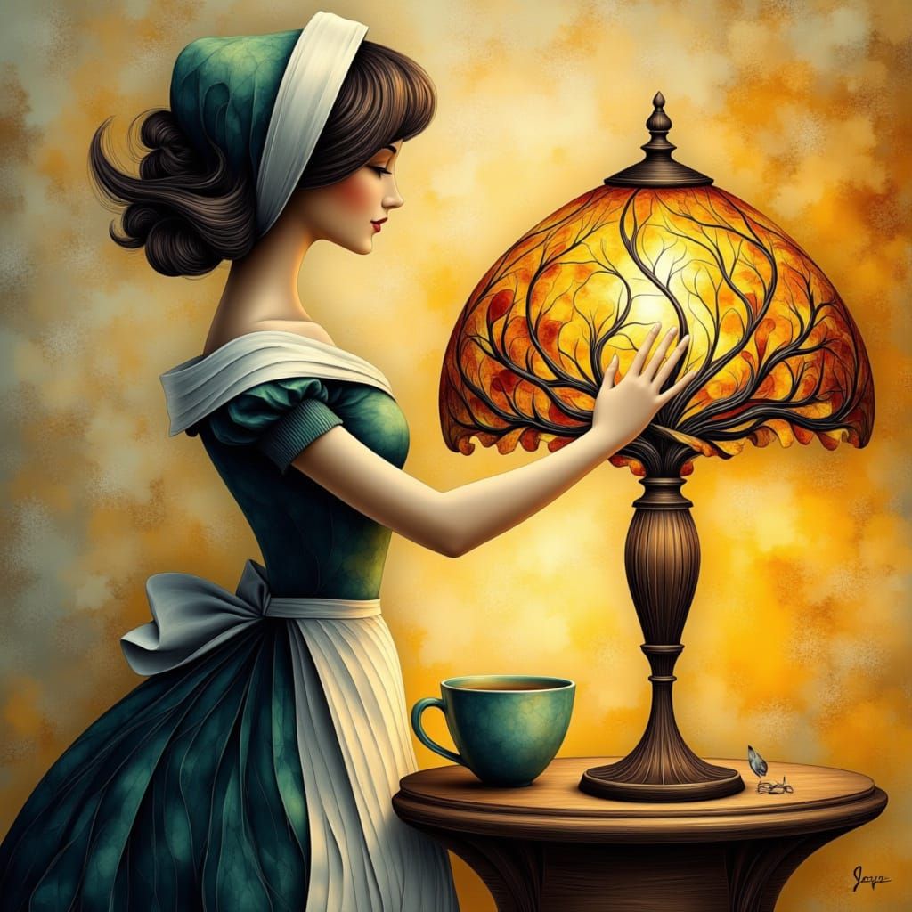 Vintage Maid Amidst Tiffany Lamp in Dreamy Glass Swirls