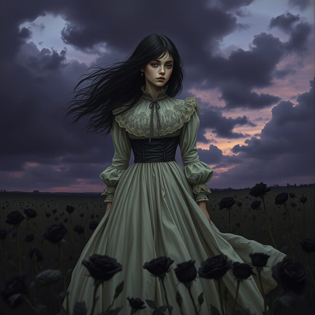 Melancholic Victorian Lady in Black Rose Field