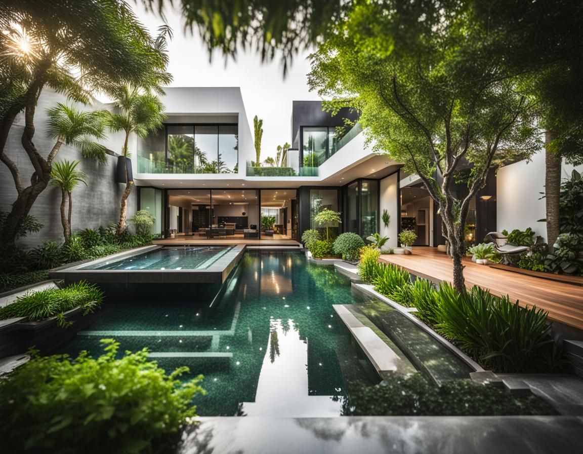 Modern House with Greenery and Terraces in Professional Phot...