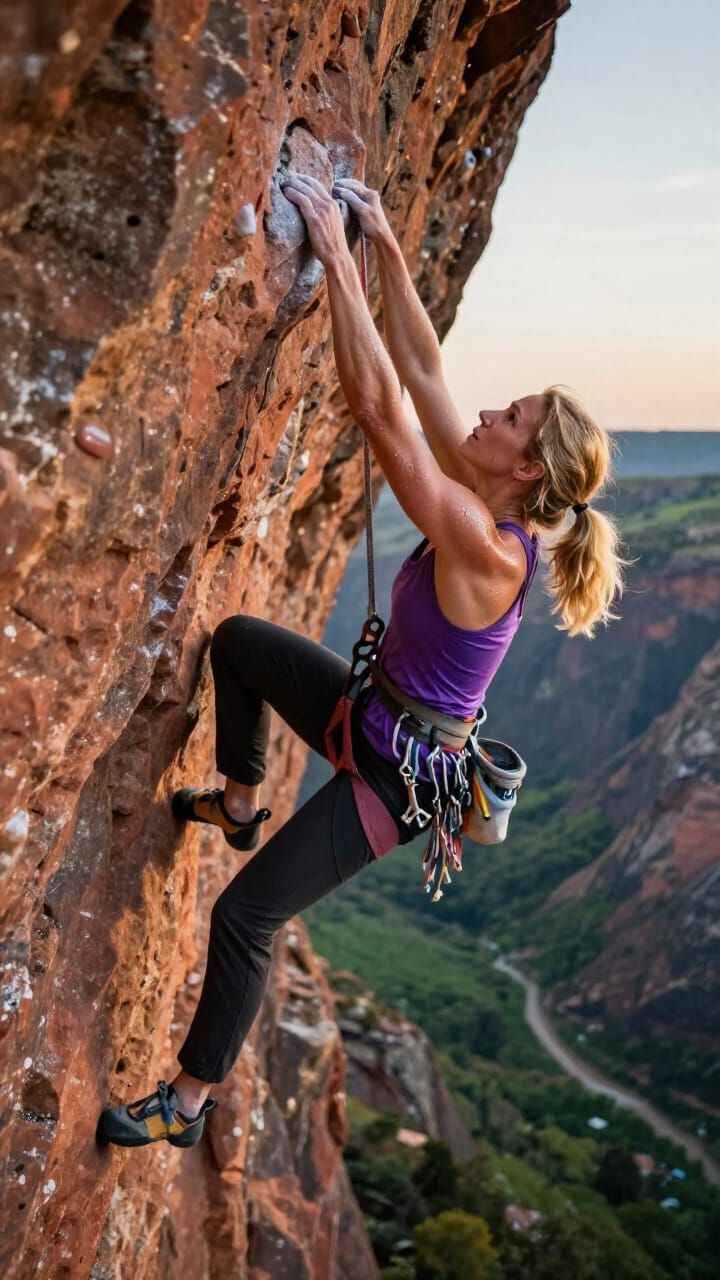 Fierce Female Climber on Red Sandstone Overhang