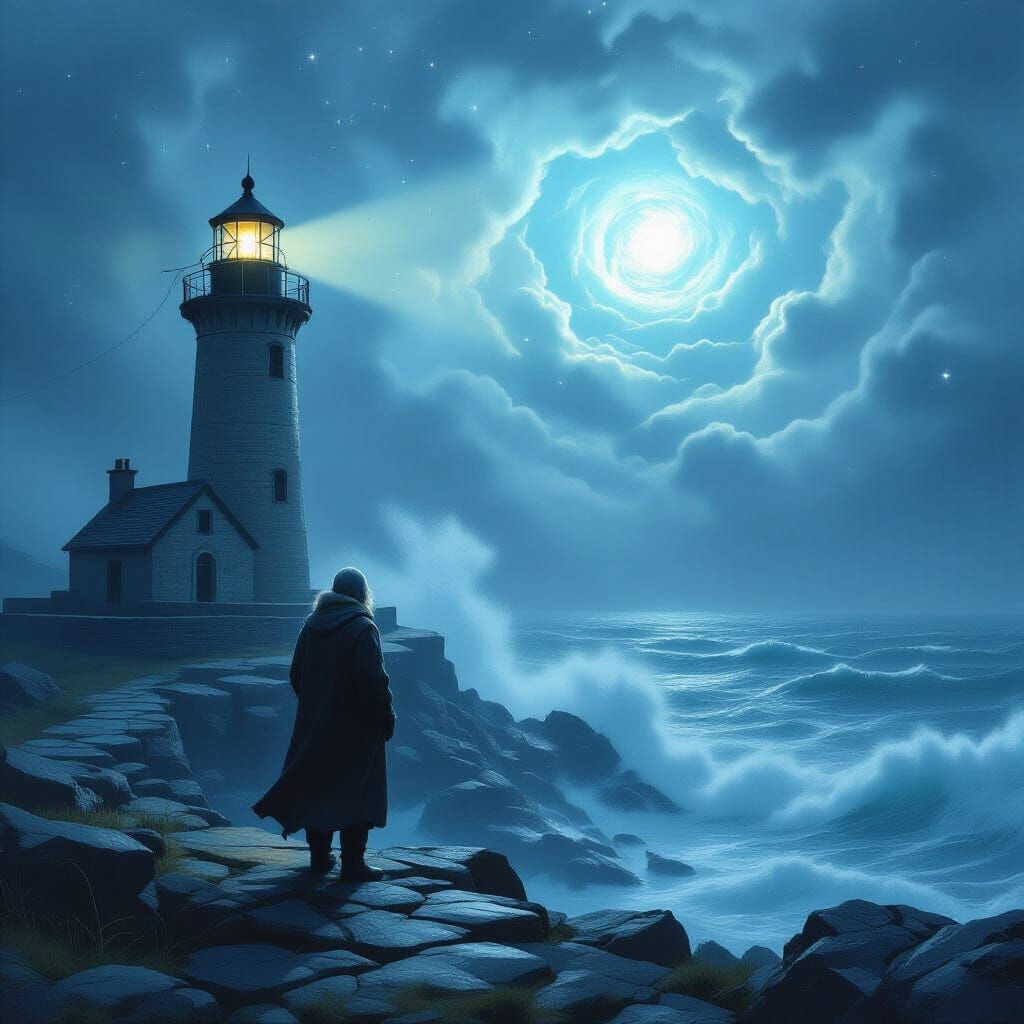 Lighthouse Keeper in Mystical Stormy Seas