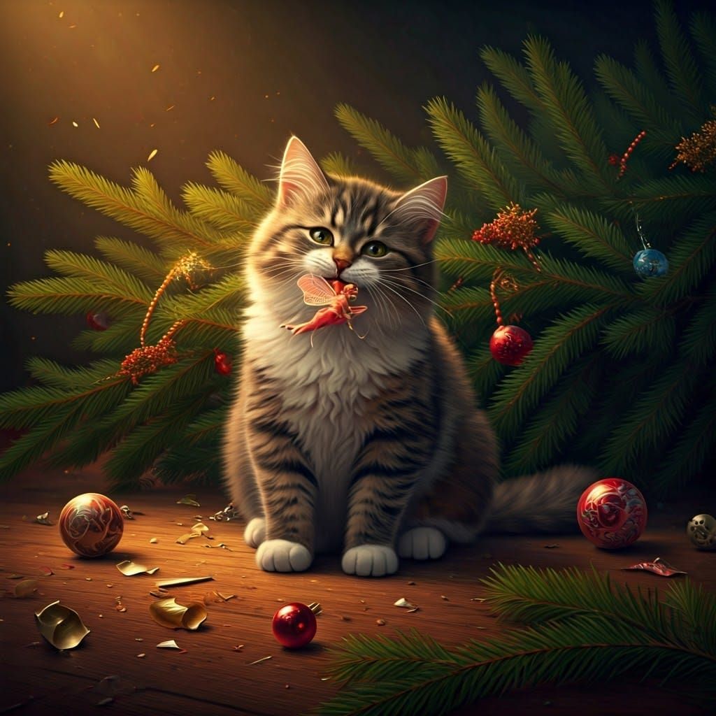 A happy looking cat with a toy fairy in his mouth, sitting i...