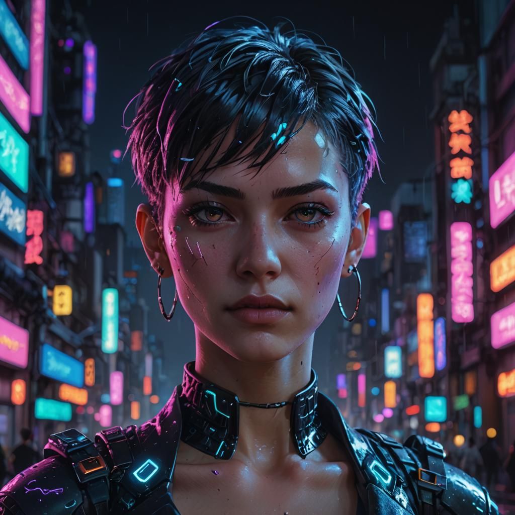 Cyberpunk Anime Portrait in Neon Cityscape