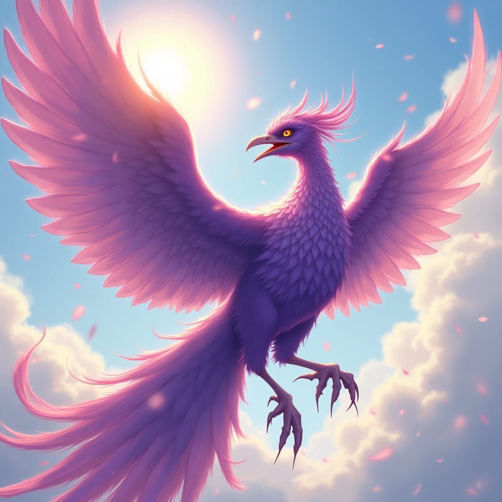 Majestic Purple Phoenix Soaring in Golden Light