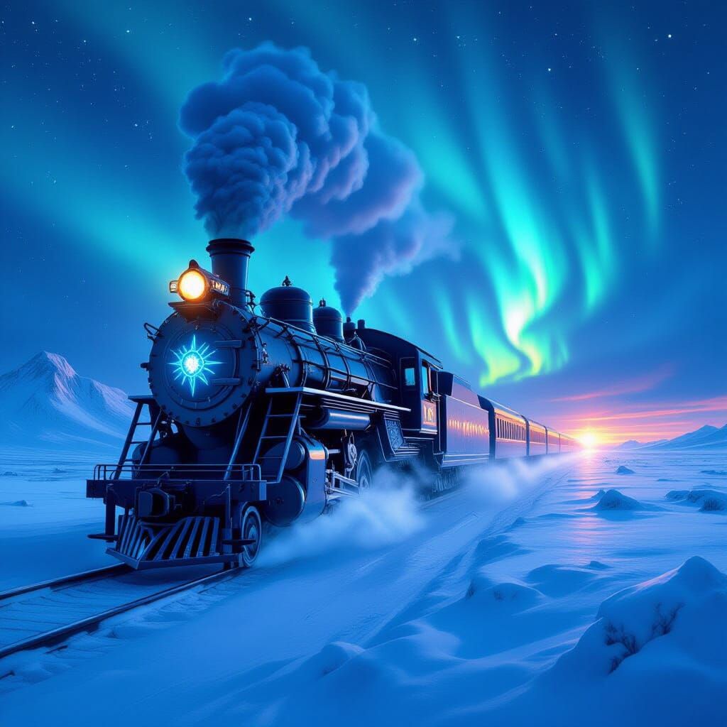 Epic Ice Train Races Through Snowy Plains Under Aurora