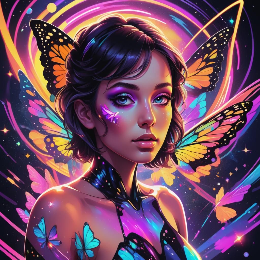 Synthwave Butterfly Vector Art in Holographic Style