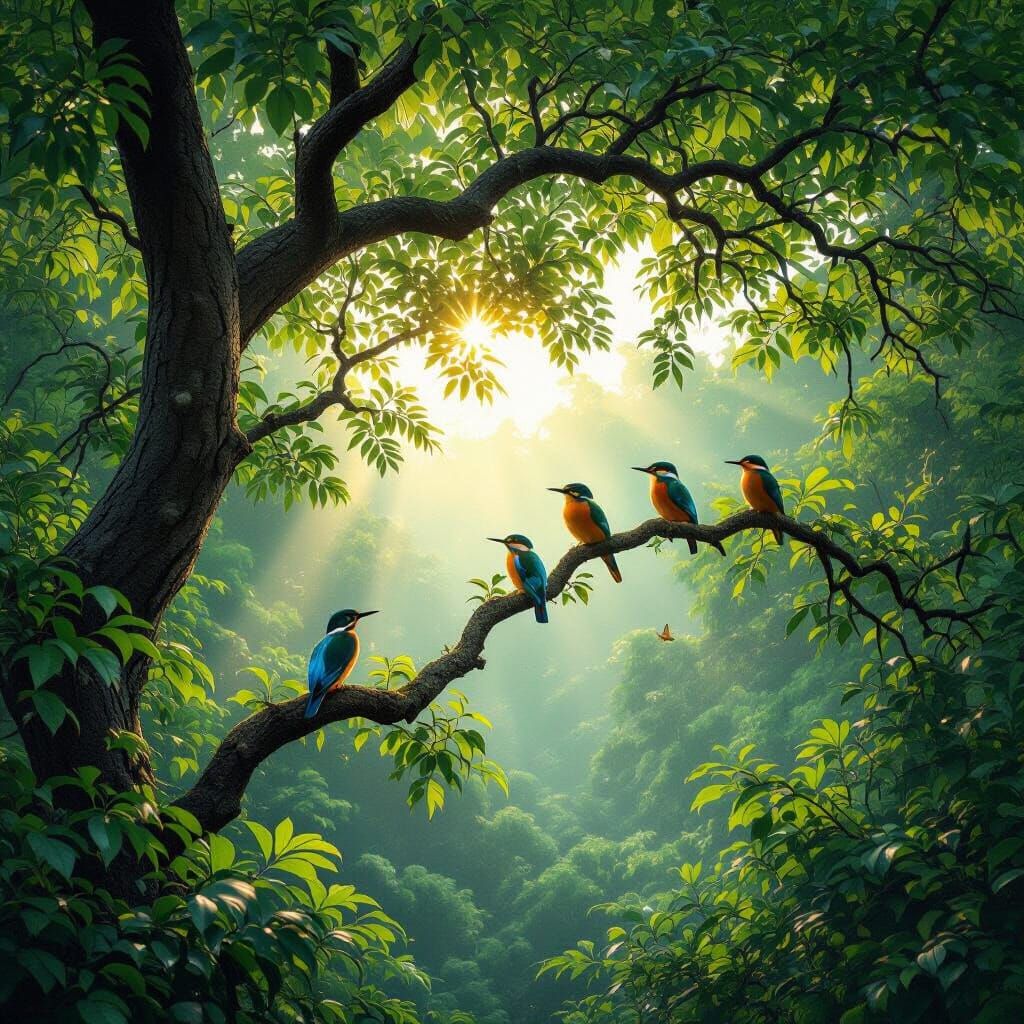 Vibrant Forest Scene with Colorful Birds in Golden Hour Ligh...