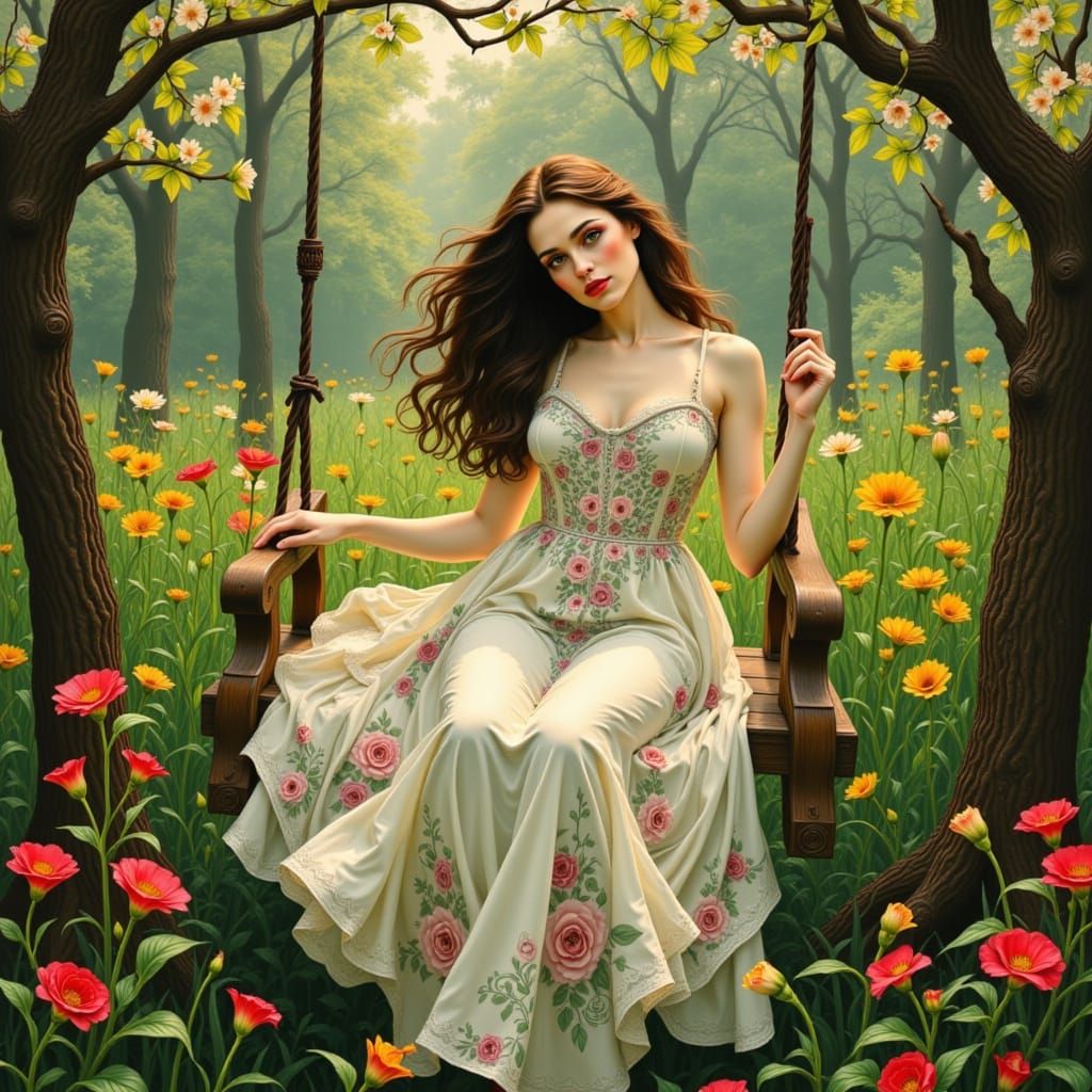 Ethereal Woman in Whimsical Spring Forest, in Dreamlike Arti...