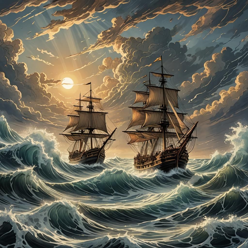 Ship on Fierce Waves at Dawn, Digital Illustration