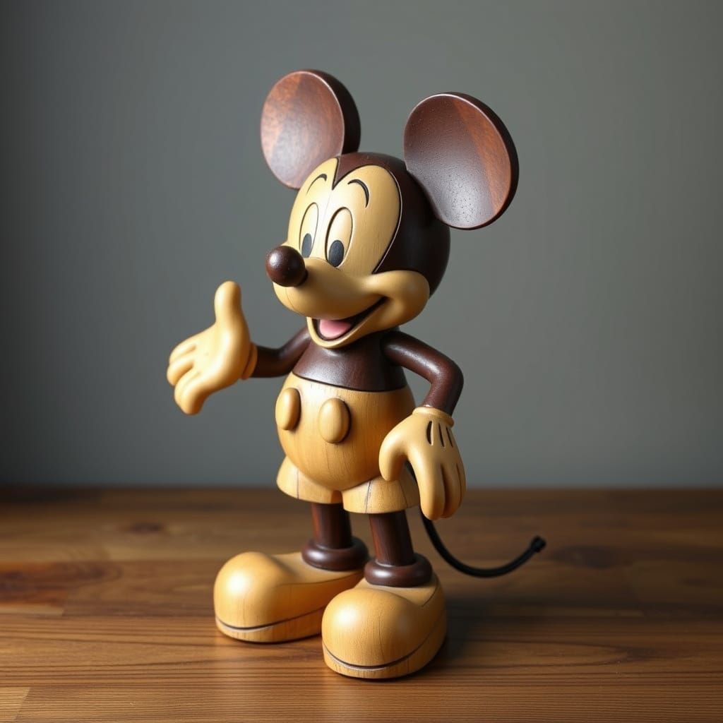 Wooden Mickey Mouse Figurine in Folk Art Style