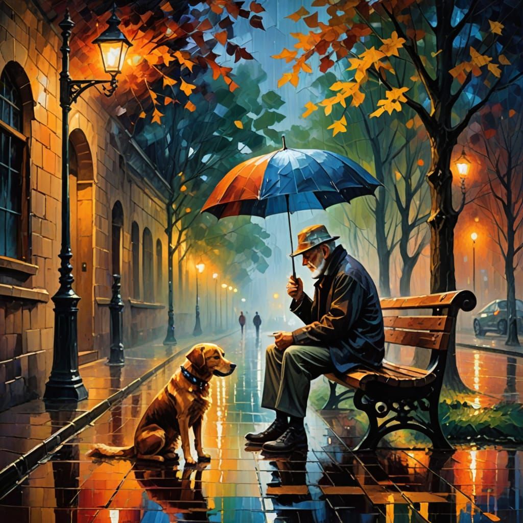 Old Man and Dog Seek Shelter from Rain in Impressionist Oil ...