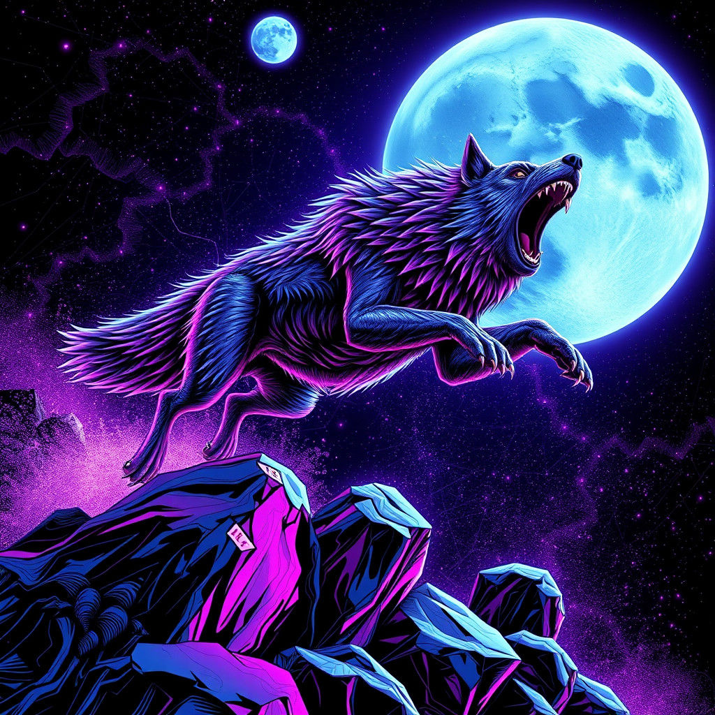 Synthwave Wolf Attack: Neon Retro Abstract Vector
