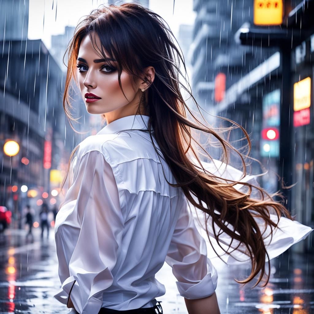 Woman in White Shirt Standing in Rain