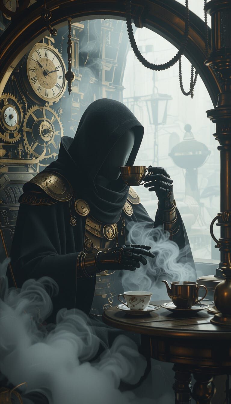 Eerie Steampunk Figure Sips Tea in Foggy Clockwork Scene