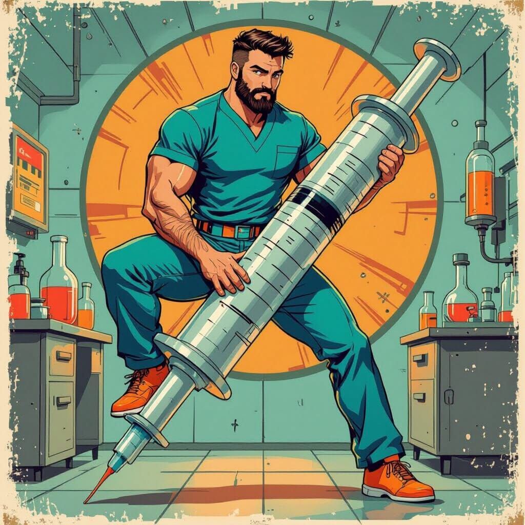 Masculine Nurse Poses with Vintage Syringe