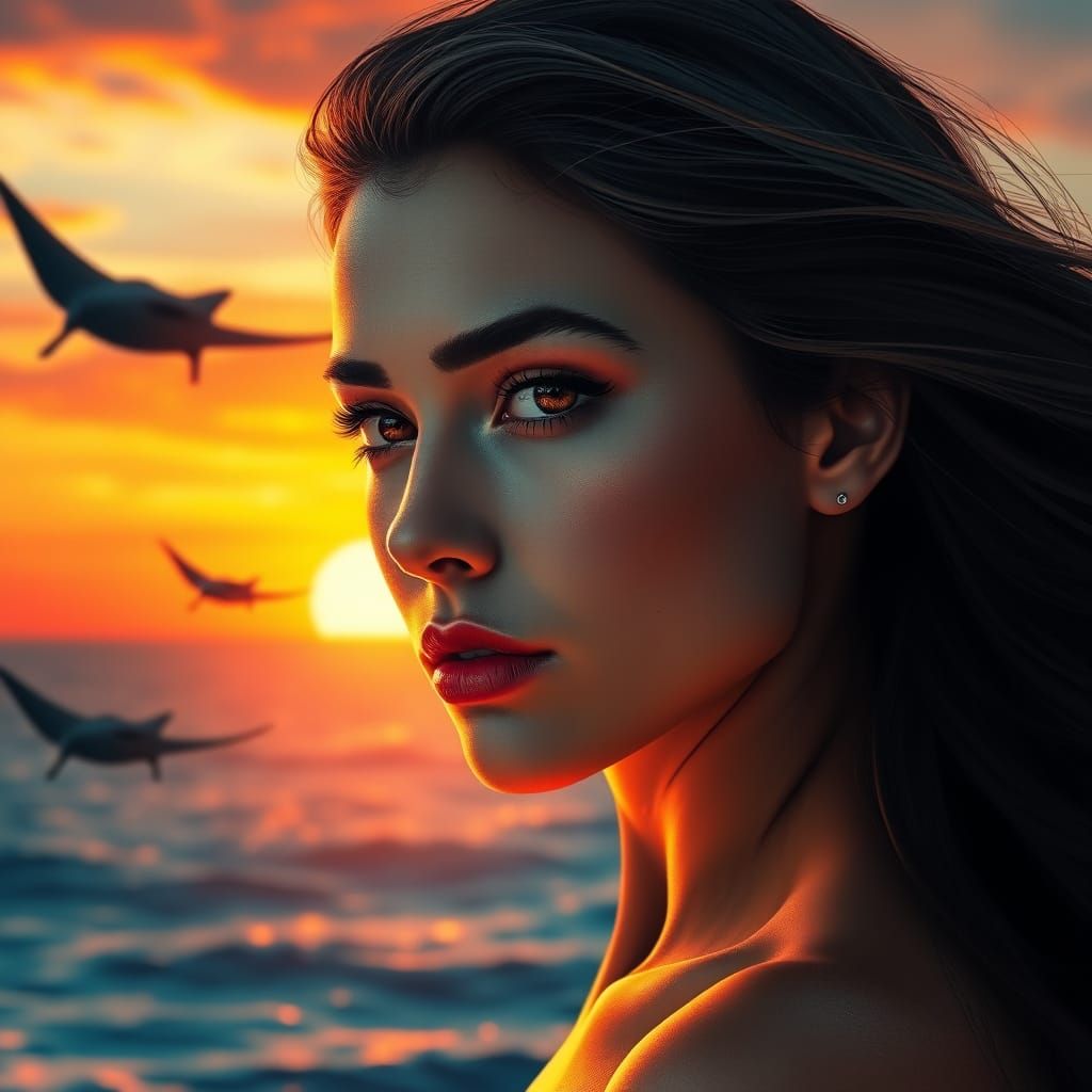 Serene Ocean Sunset with Silhouetted Sting Rays and Intricat...