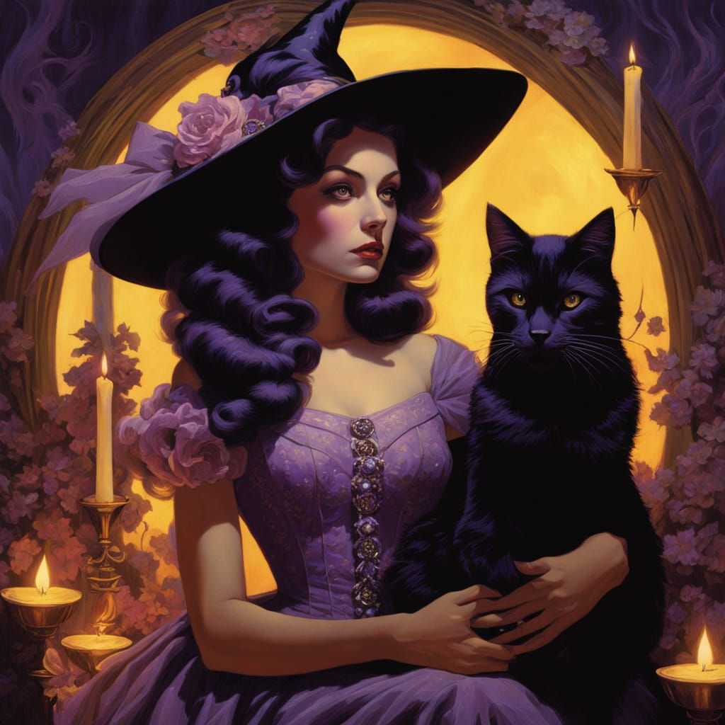 Gothic 1950s Witch Pinup in Pastel Colors